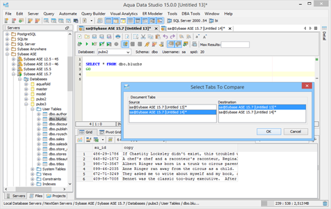 Tabs Compare screenshot in Aqua Data Studio database comparison tools