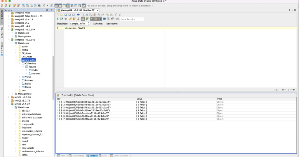 The MongoJS Query Analyzer shows the results in a tree hierarchy, grid, and text results can be edited in the Pop-up Text Editor.