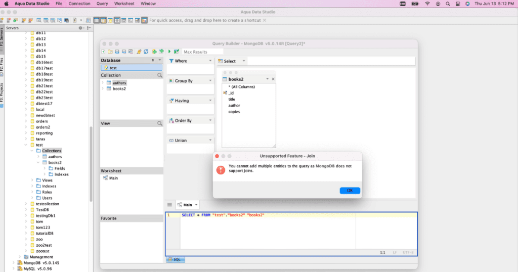 This Visual Query Builder screenshot has a simple connection to MongoDB, version 5.0 Platform. In this screenshot, the IDE is NOT allowing the user to create a Foreign key.